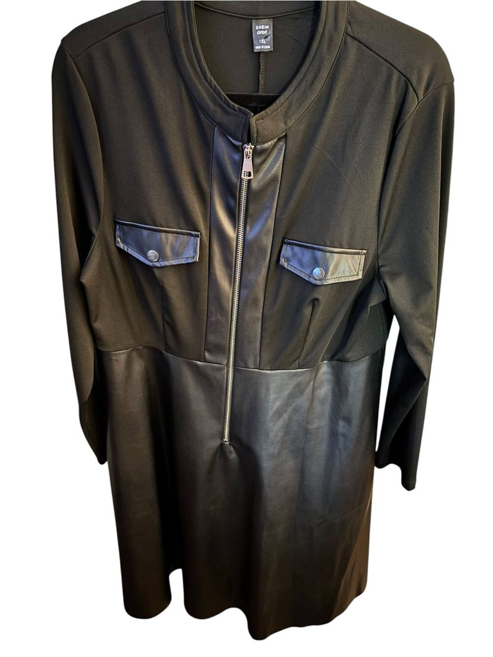 SHEIN Black Faux Leather-Panel Long Sleeve Jacket Dress